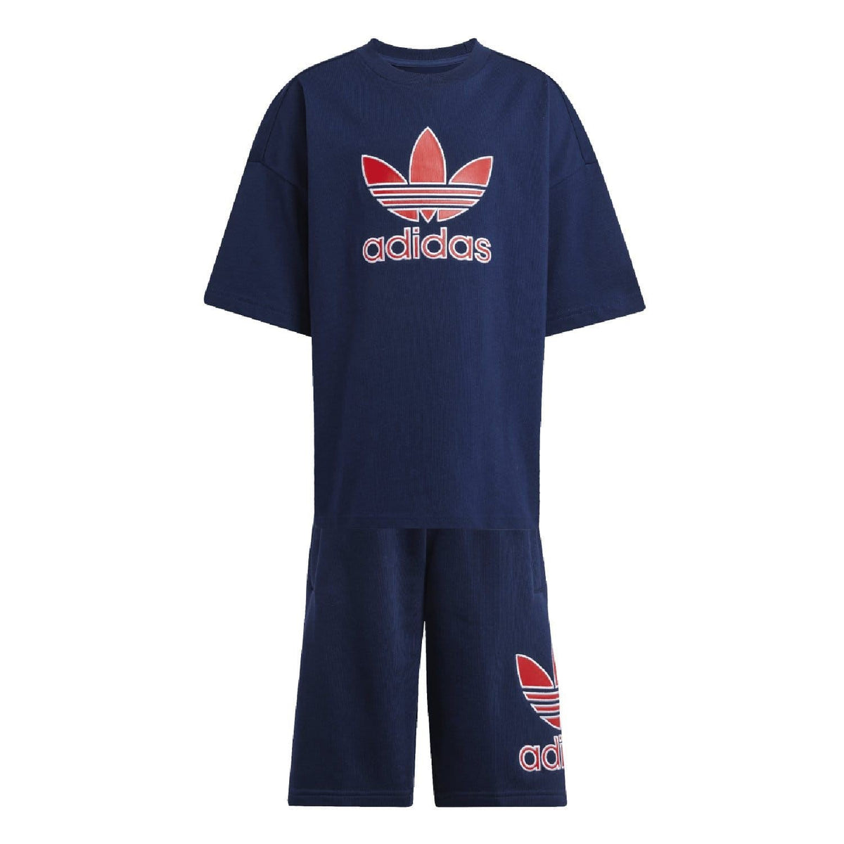 Kids navy adidas short-sleeve T-shirt and matching shorts set on white background