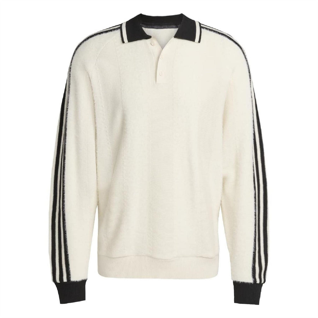 Cream-white collared raglan sleeve sweater with black triple stripe bands on sleeves