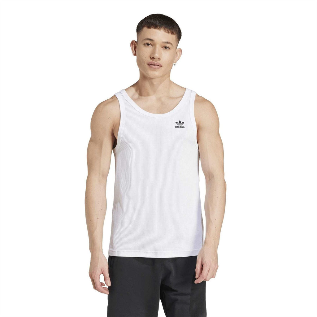 White sleeveless scoop-neck tank with small adidas logo at left chest