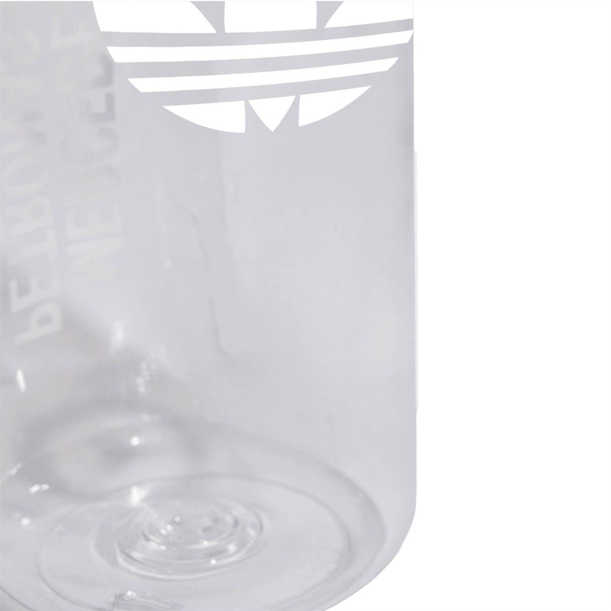 adidas Originals clear water bottle base close-up with embossed adidas logo