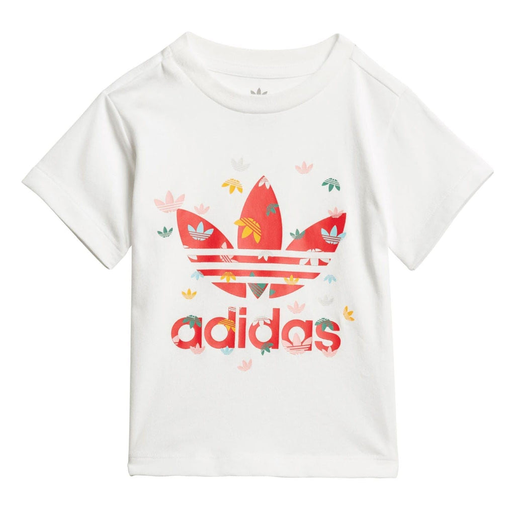Infants white T-shirt with colorful trefoil boat graphic and adidas logo