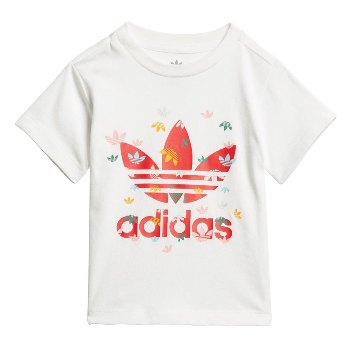 Infants white T-shirt with colorful trefoil boat graphic and adidas logo
