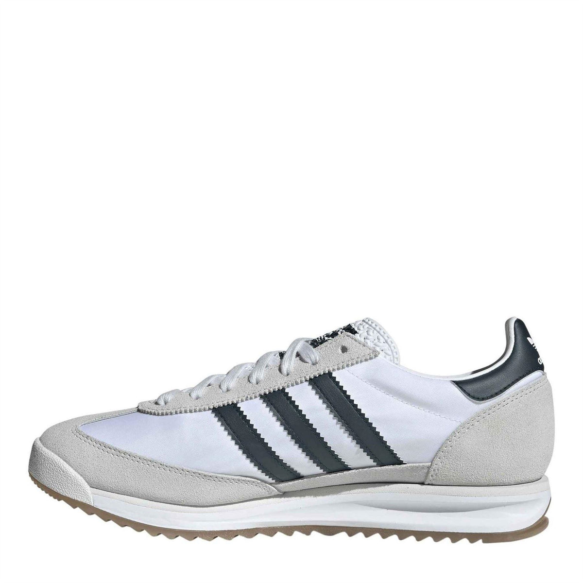 White and gray low-top lace sneakers with black stripes and textured rubber midsole