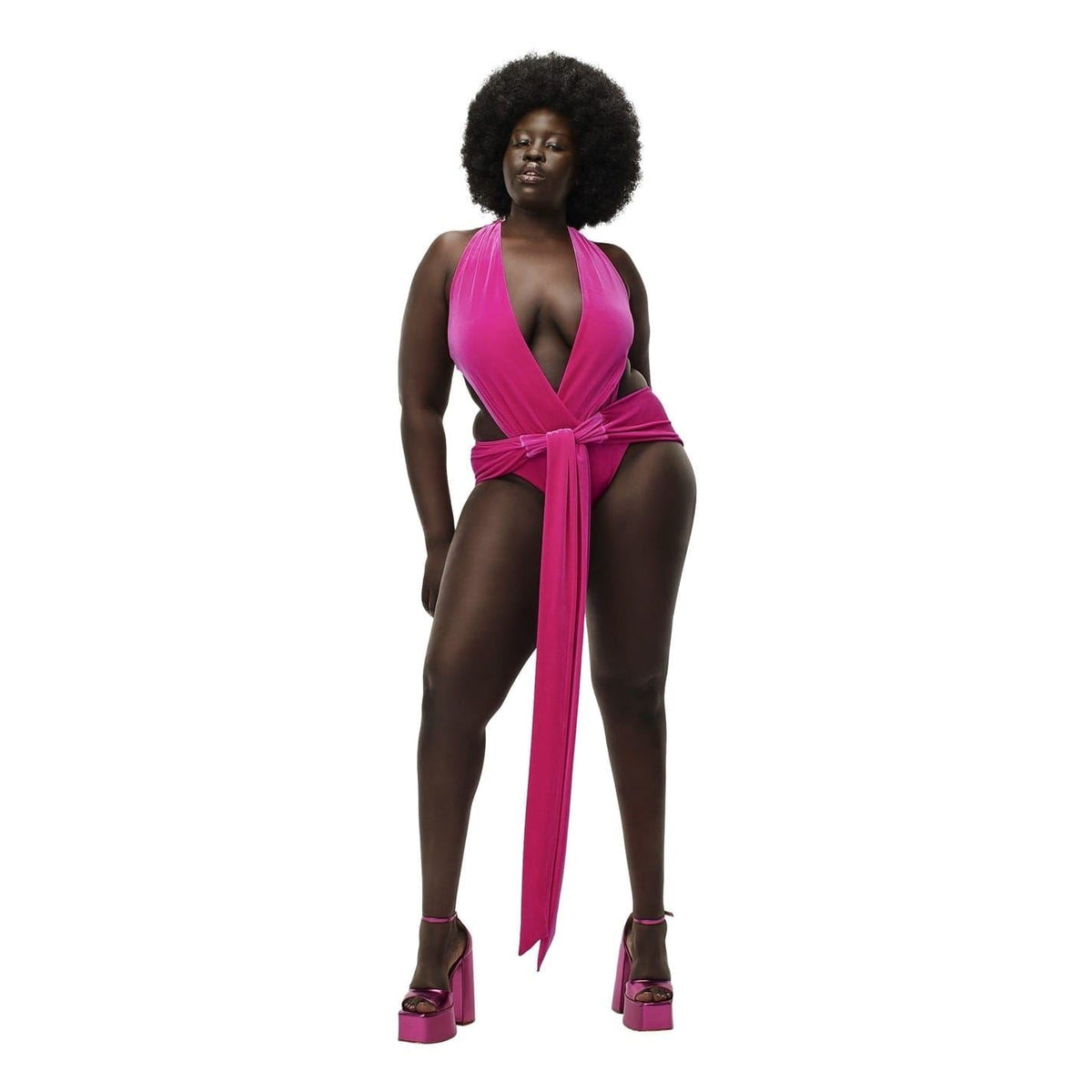 Pink front-tie one-piece swimsuit with high-cut legs and low back