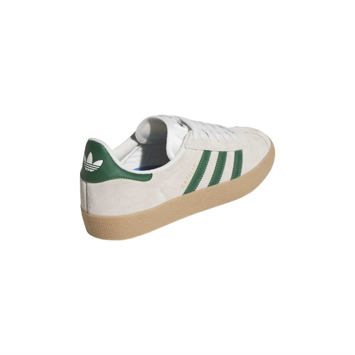 adidas Advantage white sneakers with green heel tab and gum sole