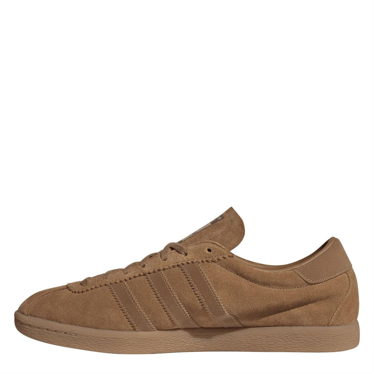 Adidas Originals brown trainers, side view with suede upper and three stripe details