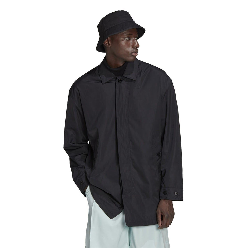 Black men’s button-front jacket with stand collar and long sleeves.