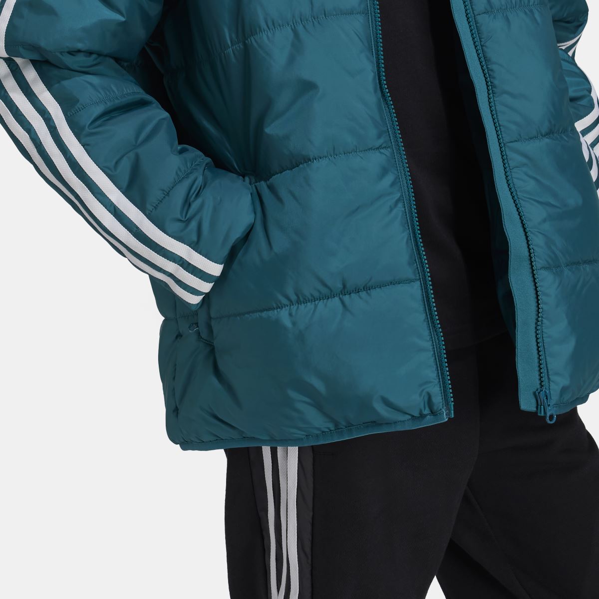 Kids adidas teal padded jacket sleeve detail with white stripe trim and zip