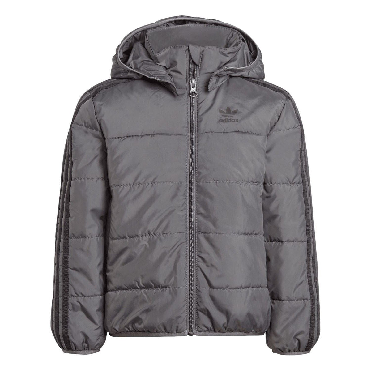 Grey padded hooded jacket for kids with full front zip and Adidas trefoil logo