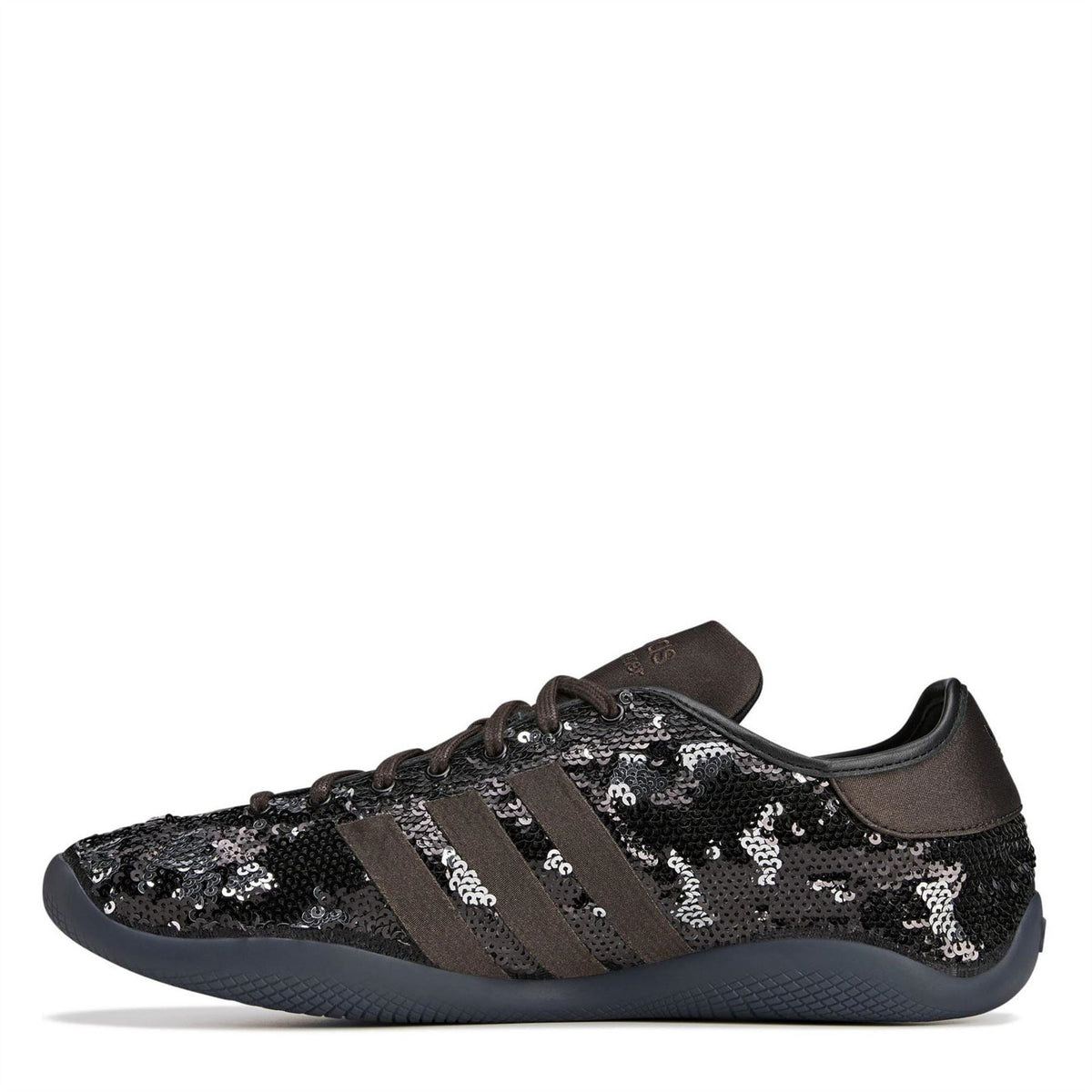 Core Black sequin low-top sneakers, side view with three stripes and brown lace-up