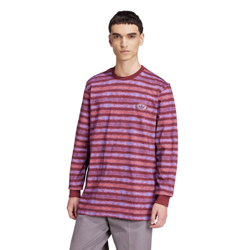 adidas Originals men's long sleeve striped t-shirt with chest logo, maroon/pink stripes