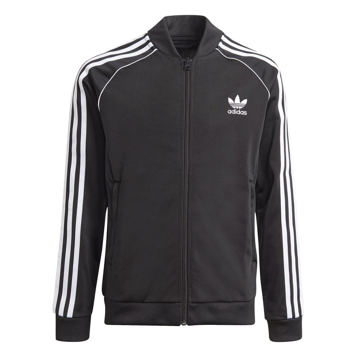 Black adidas zip-up track jacket for juniors with white sleeve stripes and chest logo