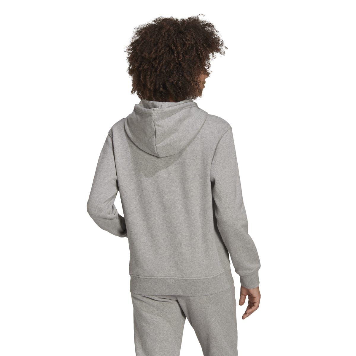 Grey heather pullover hoodie from the back with hood and ribbed cuffs