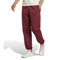 Burgundy track pants with tapered legs, elastic cuffs, and drawstring waist