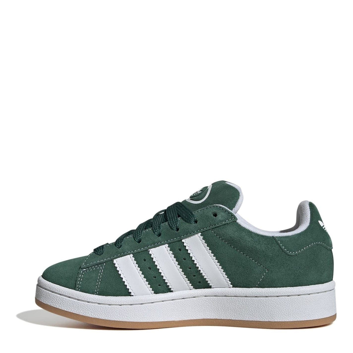 Juniors green suede trainers with white three-stripe branding and white midsole.