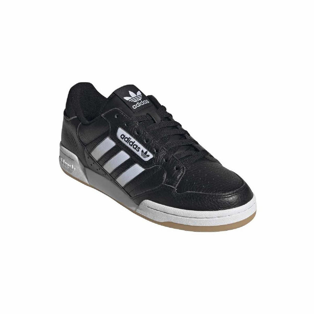 Black lace-up adidas sneakers with white three stripes and adidas tongue logo
