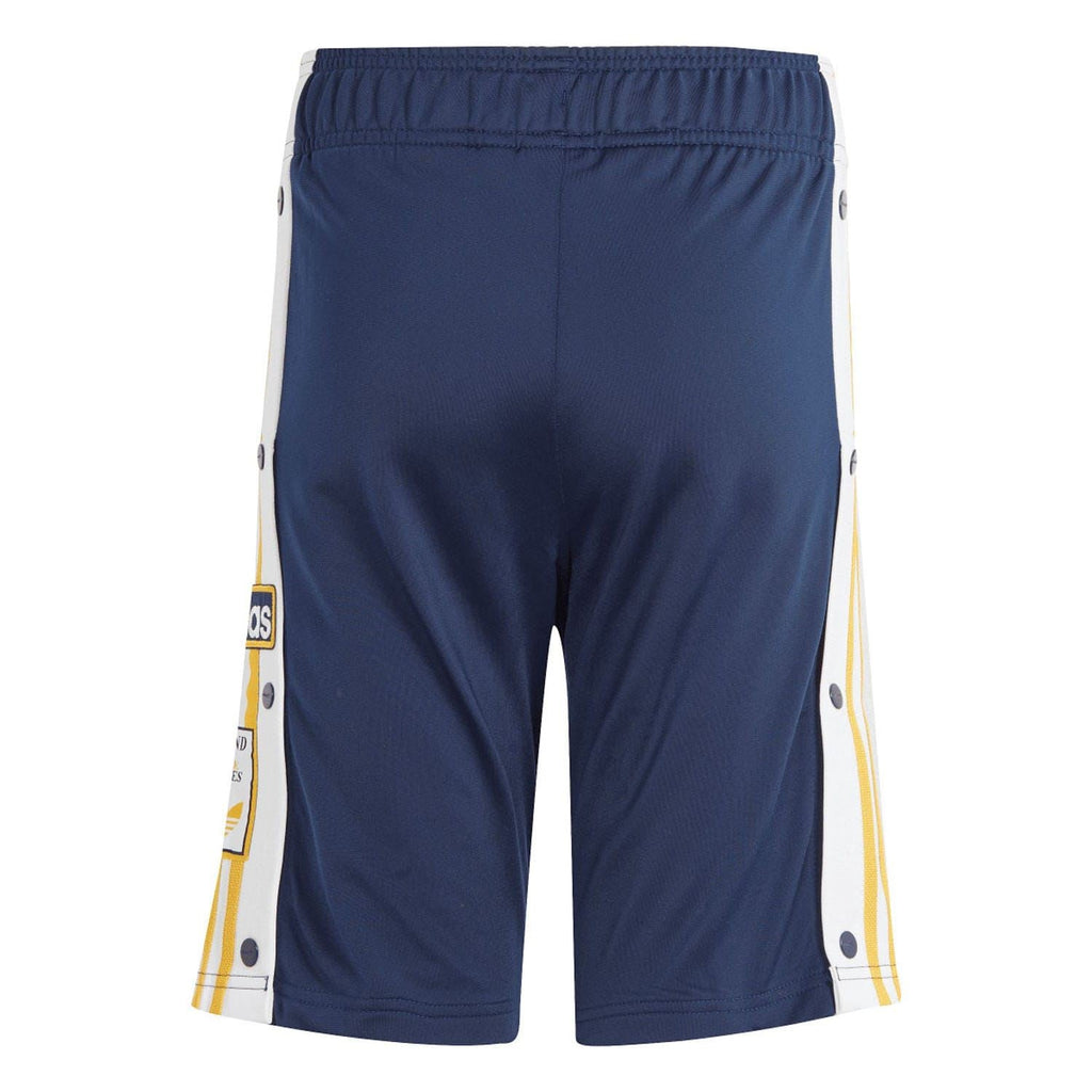 Navy indigo juniors shorts with elastic waistband and yellow-white logo stripe panels