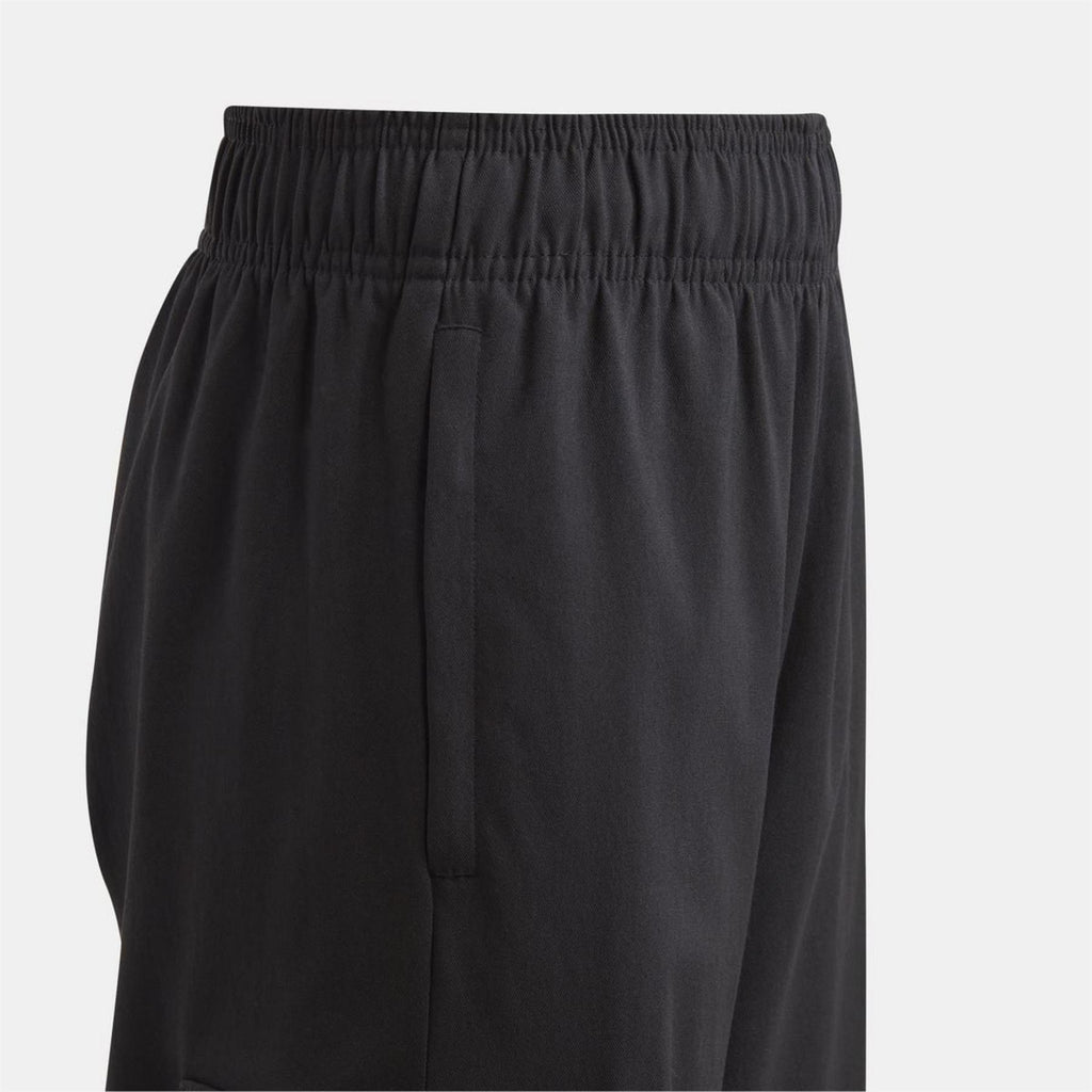 Black cargo trousers with gathered elastic waistband and relaxed leg fit