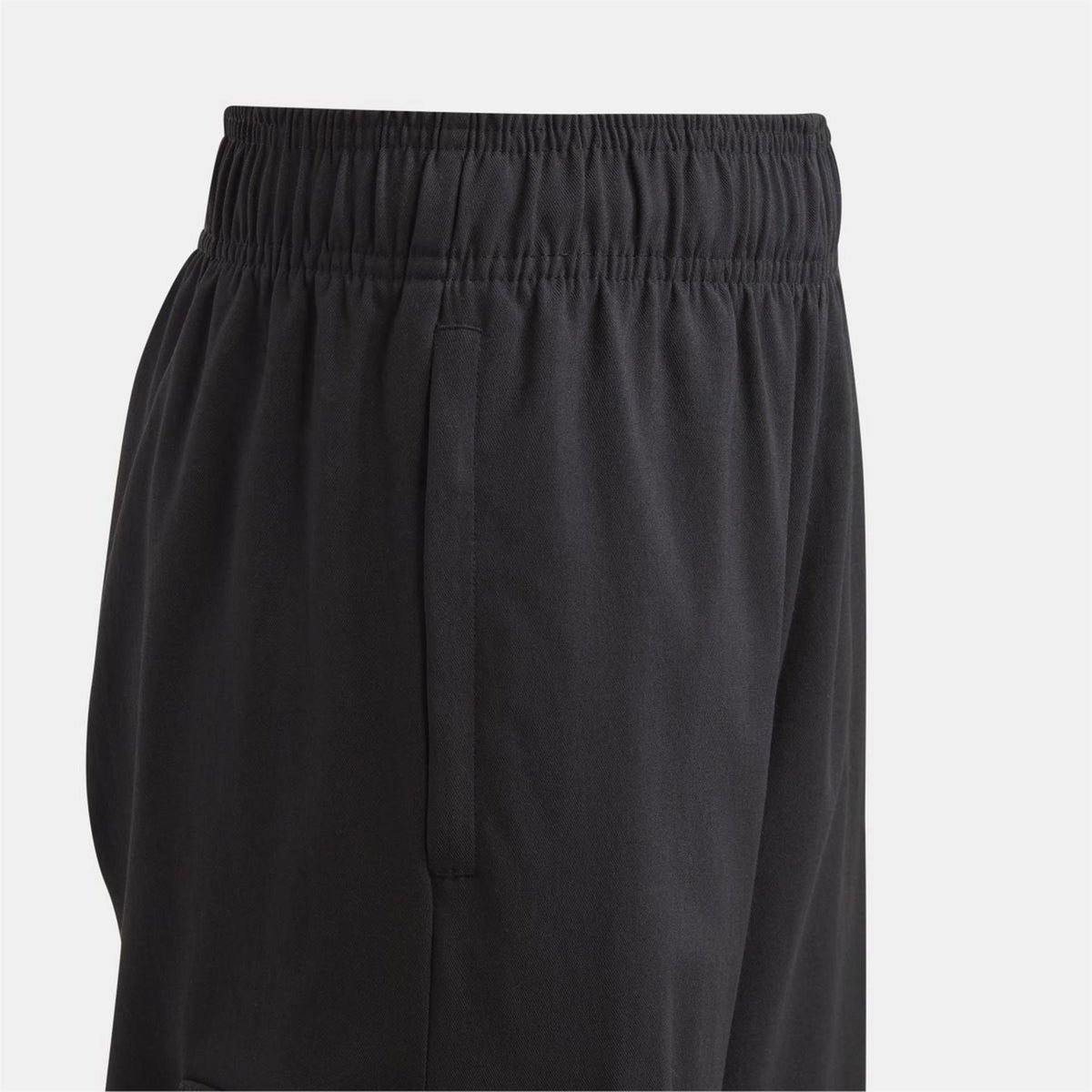 Black cargo trousers with gathered elastic waistband and relaxed leg fit