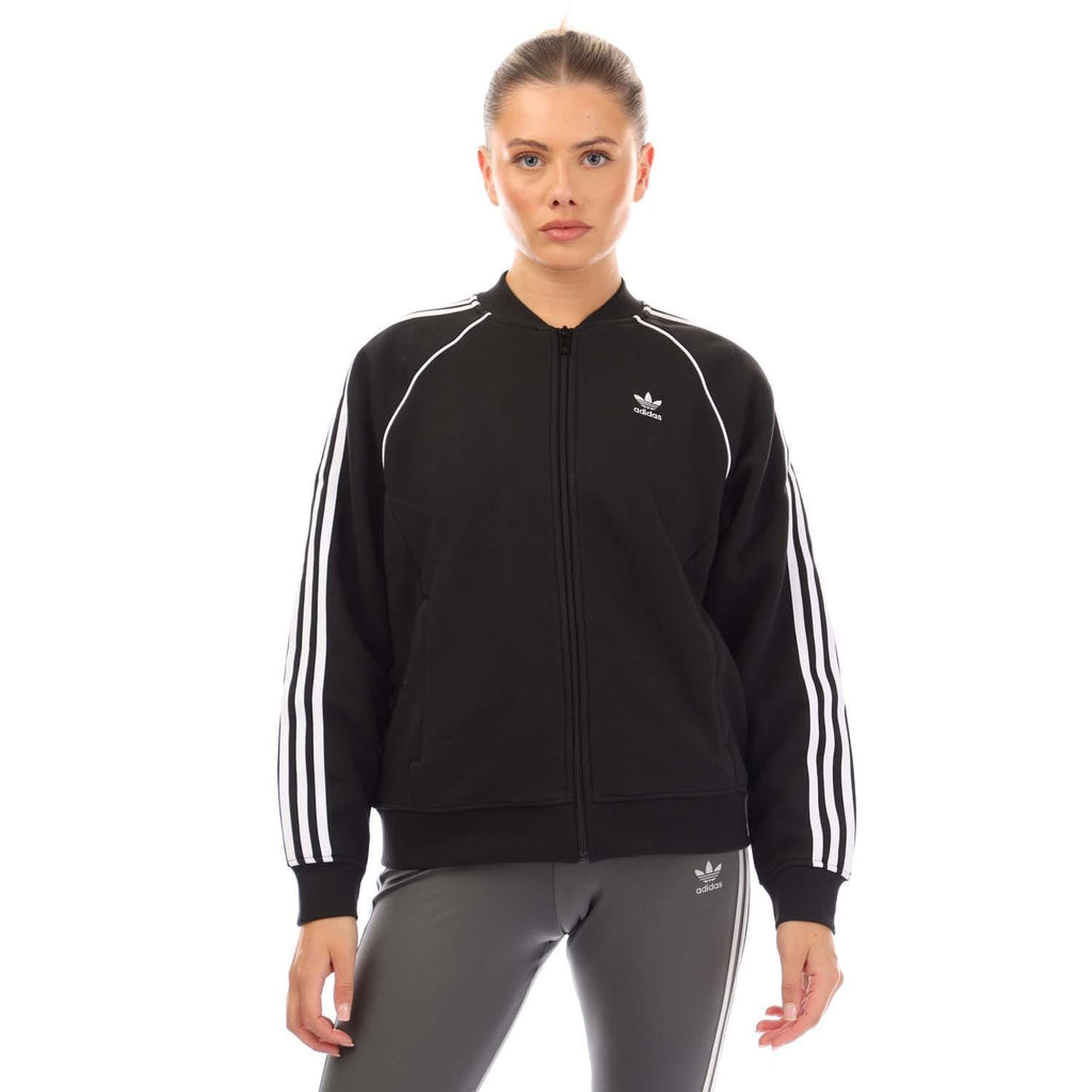 Black fleece bomber jacket with full zip, stand collar, chest logo, and 3-Stripes cuffs