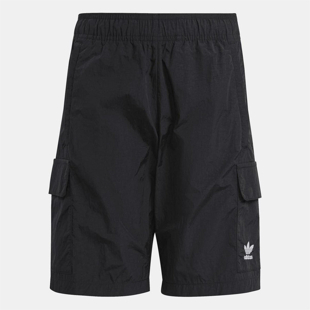 Black adidas Originals cargo shorts with elastic waist and side cargo pocket flaps