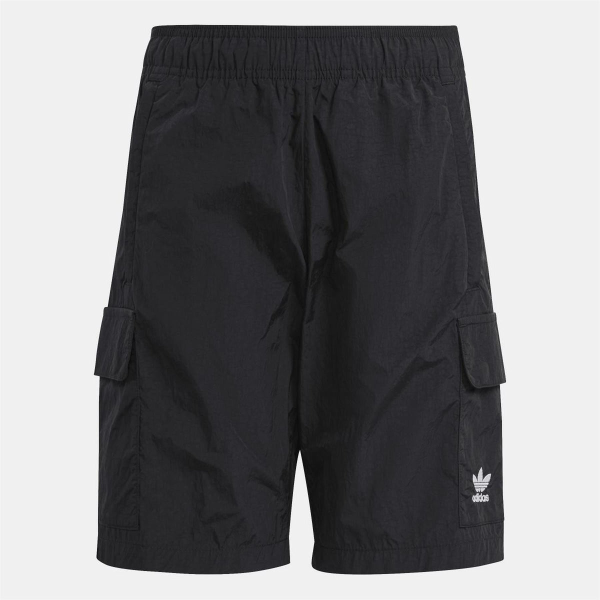 Black adidas Originals cargo shorts with elastic waist and side cargo pocket flaps