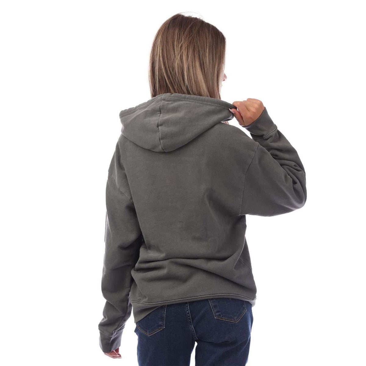Charcoal pullover hoodie, back view with hood and full sleeves