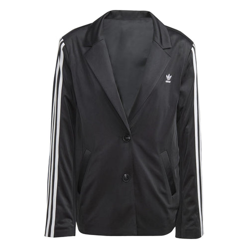 adidas Originals 3s Blazer coat in black with hood, front zipper, and side pockets, casual jacket for men.