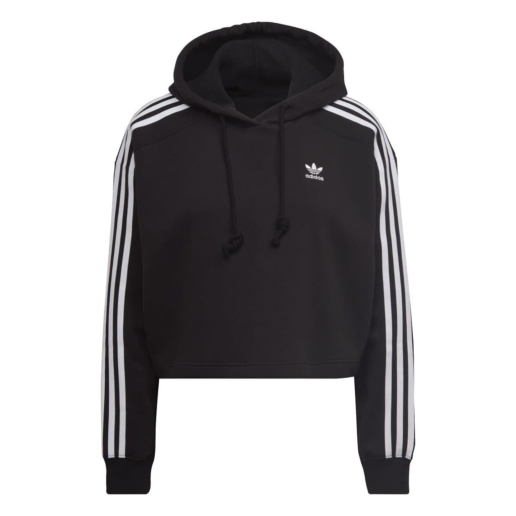 adidas Originals black crop hoodie with white striped sleeves and small chest logo