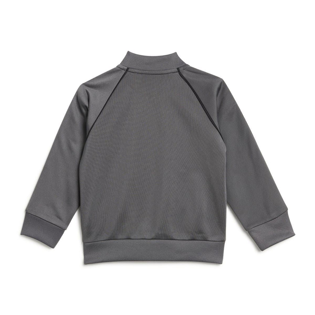Grey adidas infants track jacket with ribbed collar and raglan shoulder seams