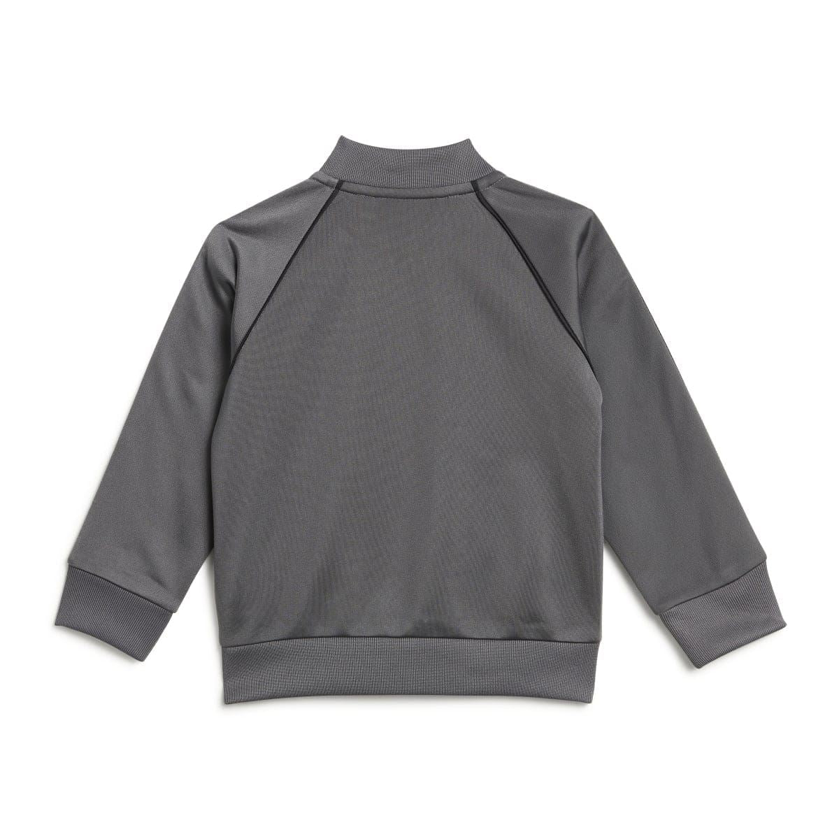 Grey adidas infants track jacket with ribbed collar and raglan shoulder seams