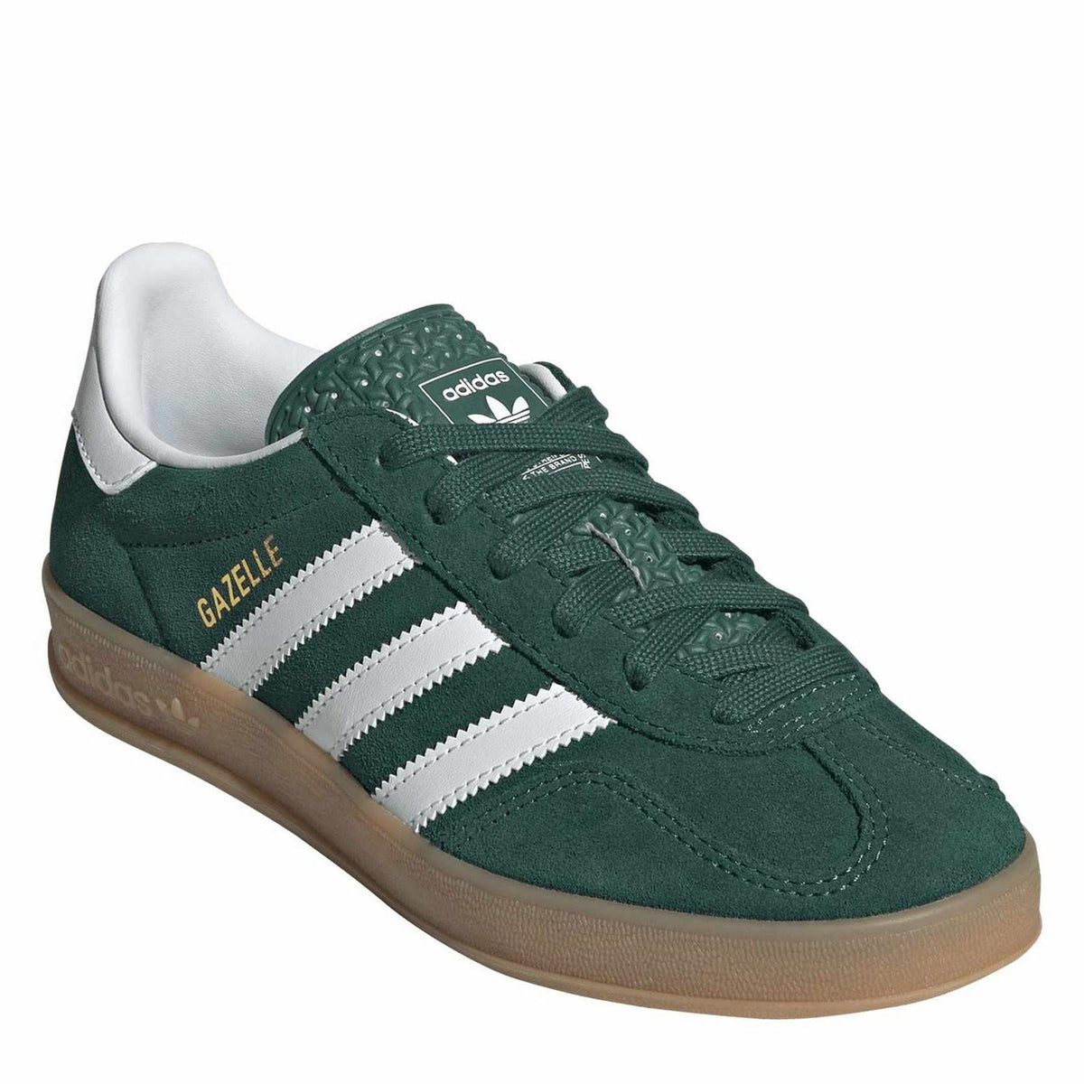 Adidas Originals indoor shoes with dark green suede, white stripes, and cushioned collar