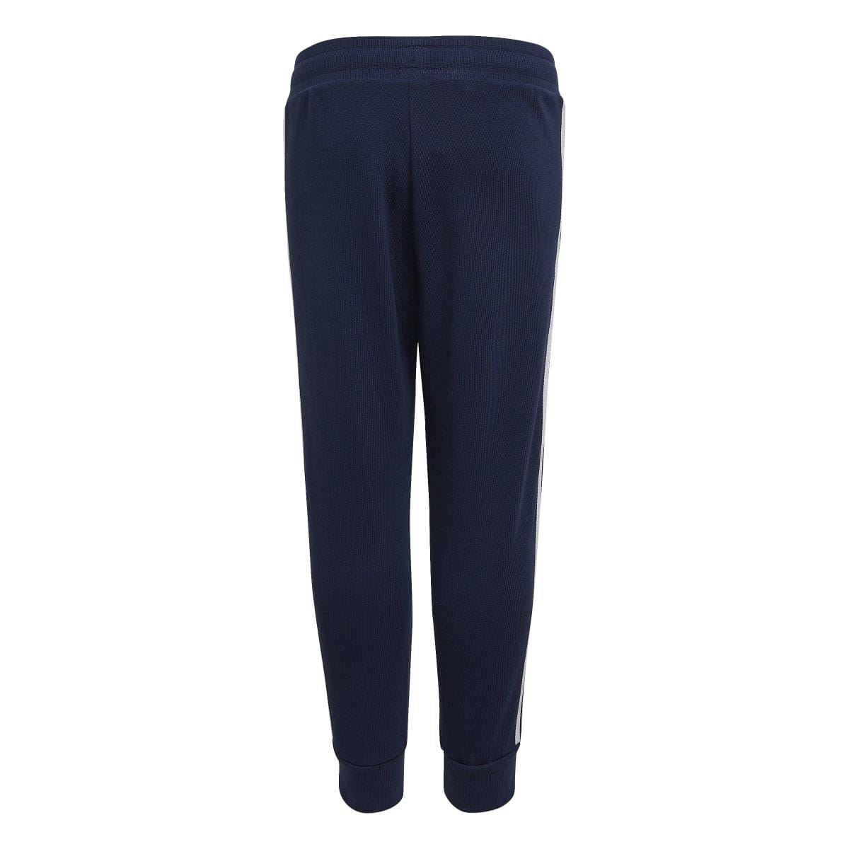 Kids navy adidas joggers with tapered legs, back view
