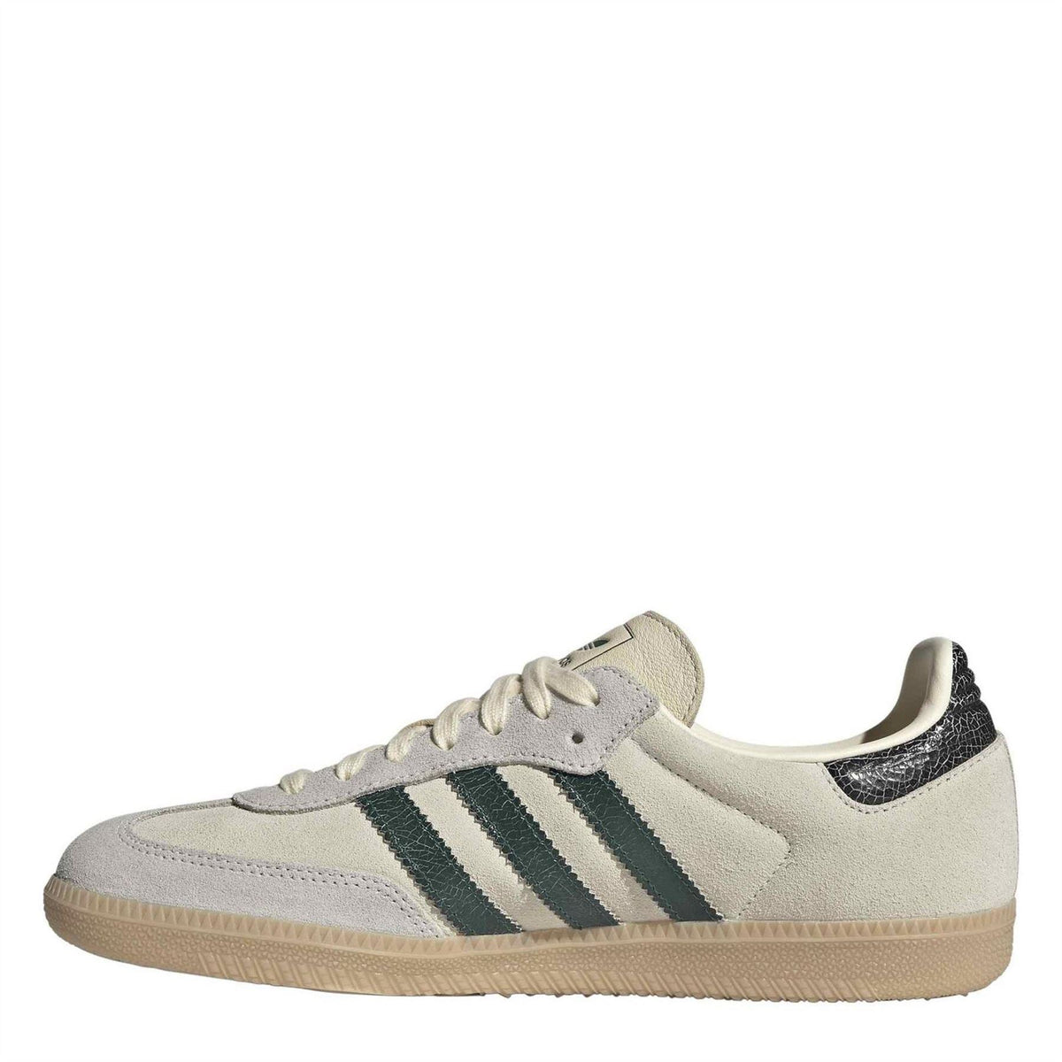 Light gray adidas Samba OG sneakers with three green stripes and beige gum outsole