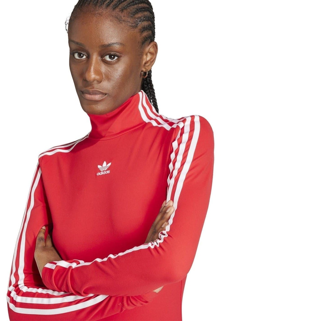 Red mock-neck mini dress with small Adidas logo and white 3-stripe long sleeves