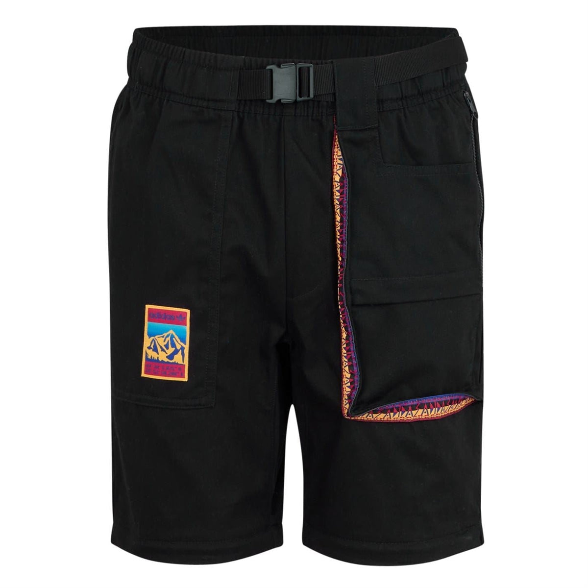 Black cargo shorts with buckled waist, side patch and flap pocket with colorful trim