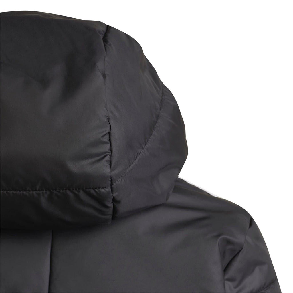 Black adidas puffer jacket hood and quilted shoulder close-up