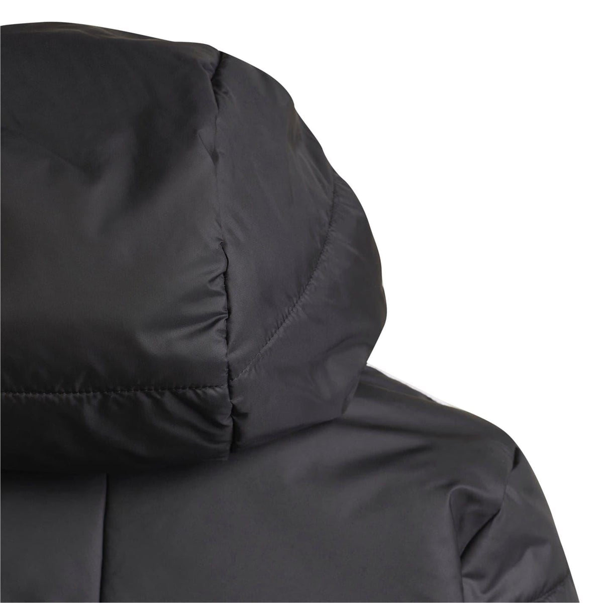 Black adidas puffer jacket hood and quilted shoulder close-up