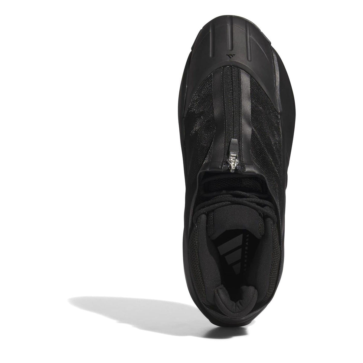 Black infant trainers front view with lace-up opening and cushioned tongue