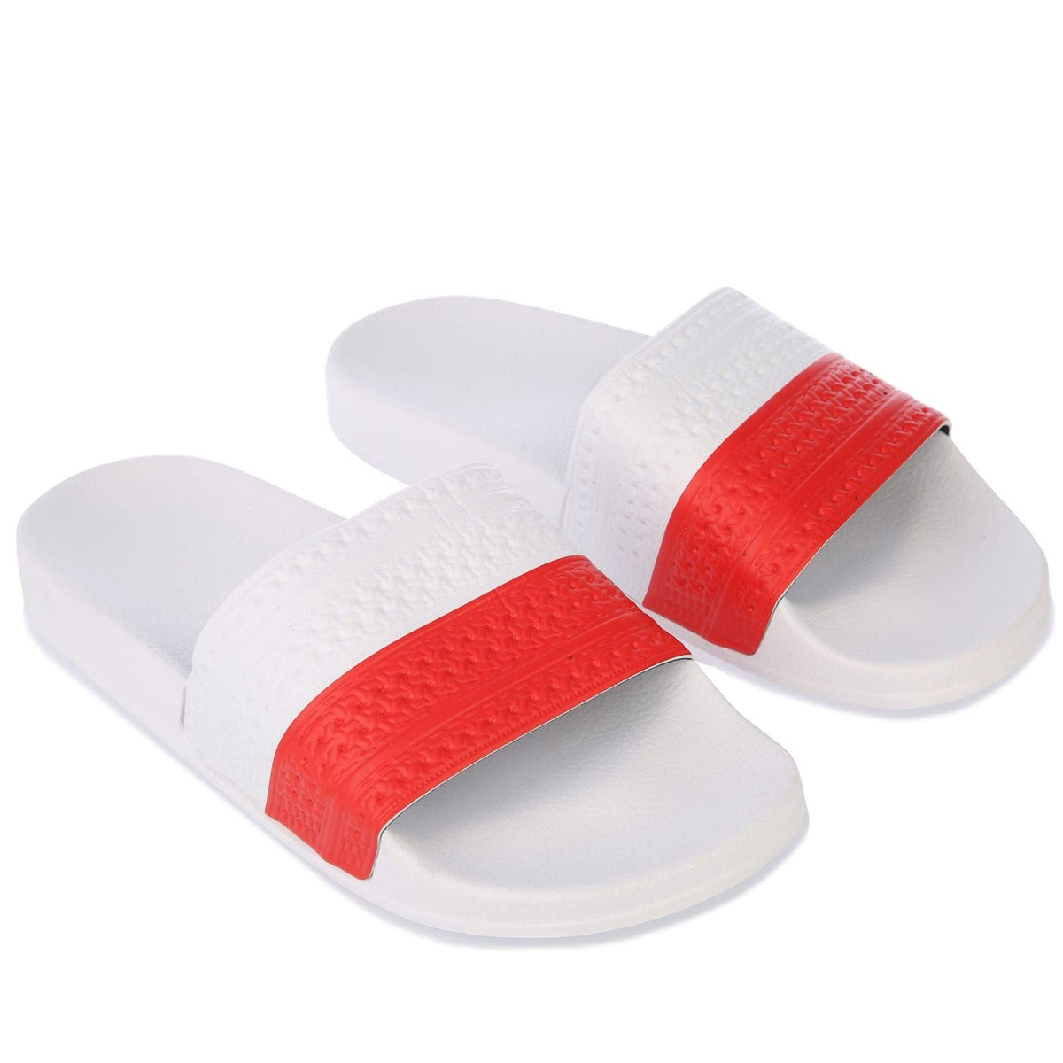 Adidas slide sandals with red-and-white strap, cushioned white footbed