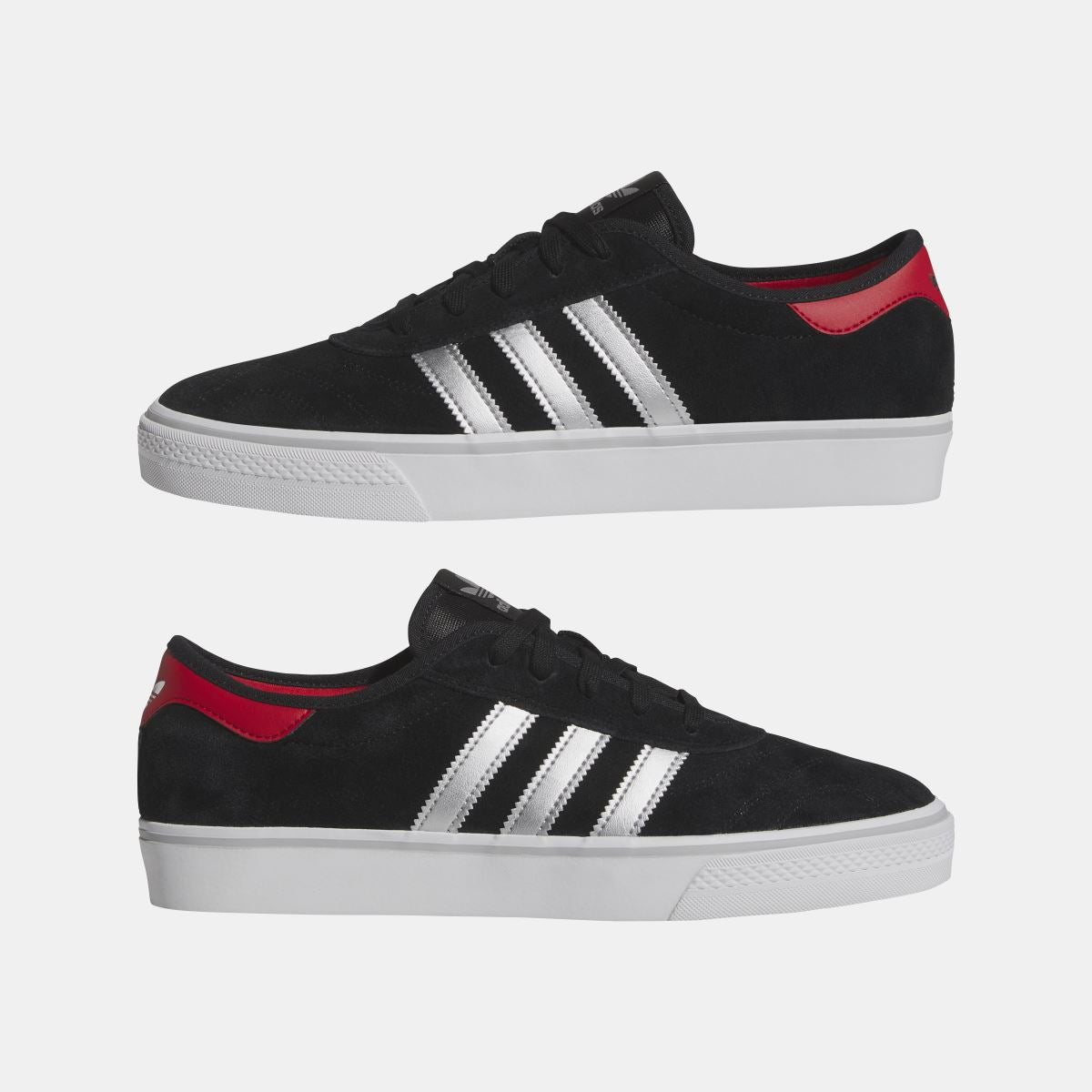 Pair view of adidas Originals Adi Ease black sneakers with white stripes and red heel detail