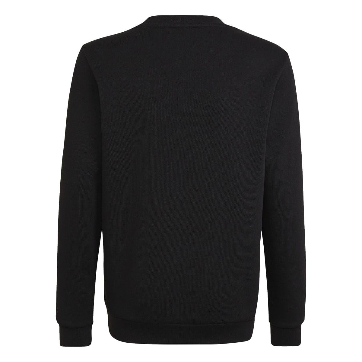 Black juniors crewneck sweatshirt, back view, ribbed neckline and cuffs