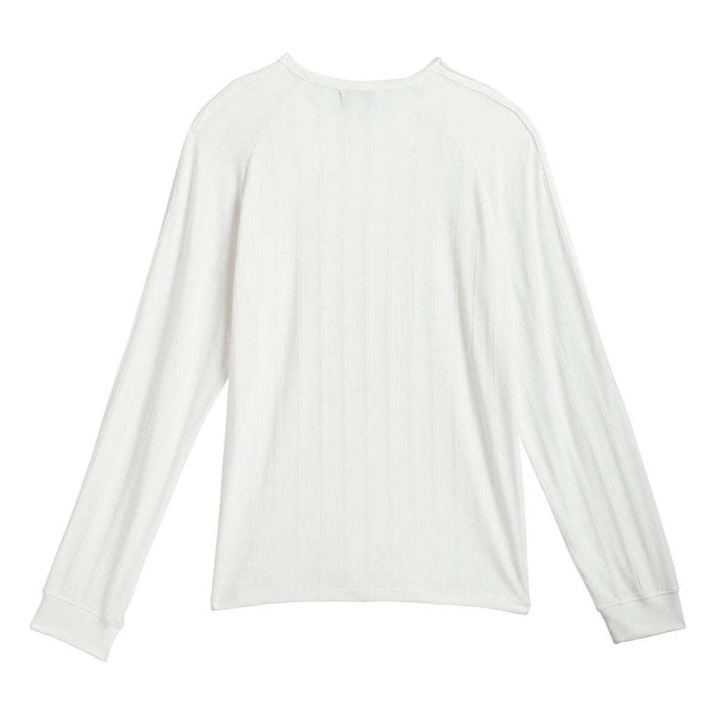 White ribbed long-sleeve crewneck t-shirt, back view with vertical seam details