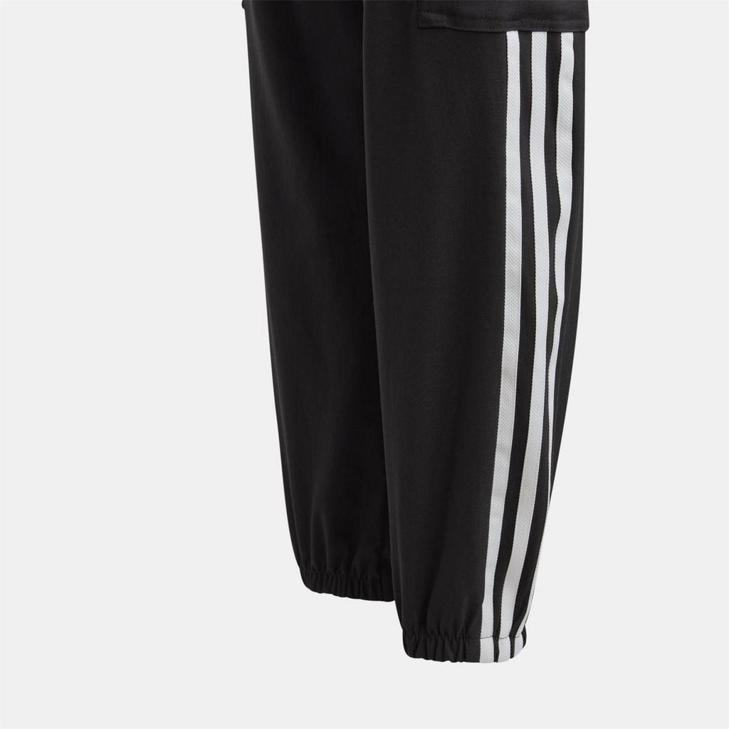 Black cargo trousers with elastic ankle cuffs and contrast white side stripe panels