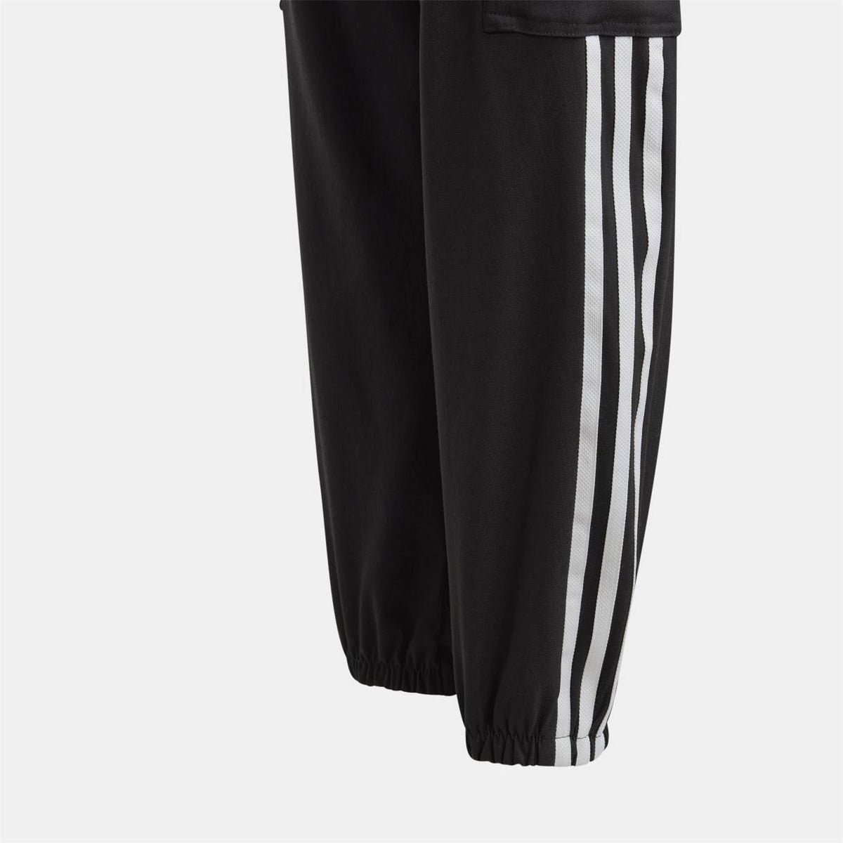 Black cargo trousers with elastic ankle cuffs and contrast white side stripe panels