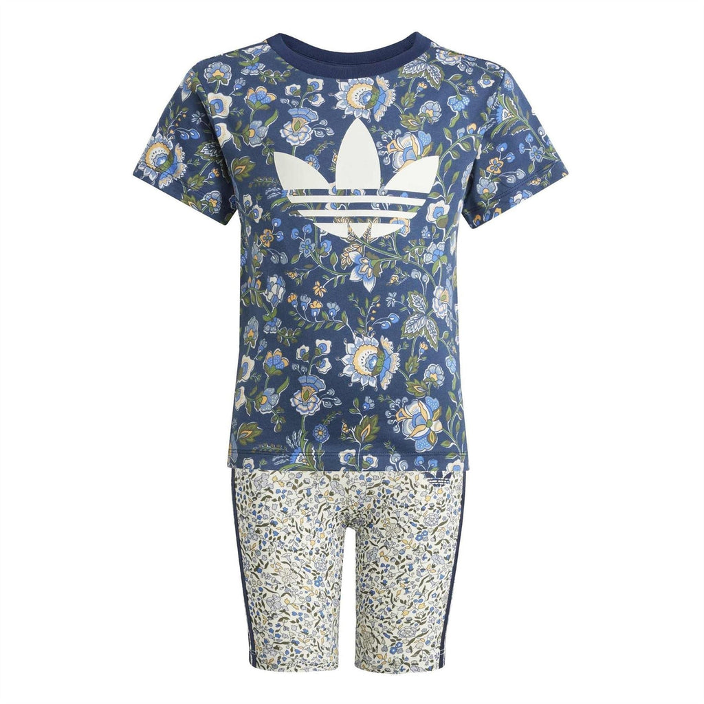Kids' floral graphic O-neck t-shirt and shorts set, navy with white logo