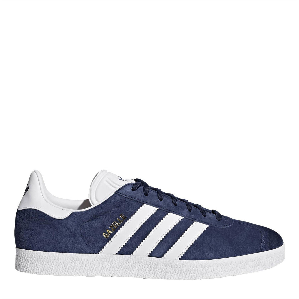 Adidas Gazelle JN64 suede sneakers, navy with white stripes and dark lace eyelets