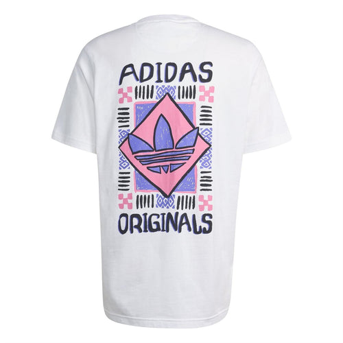 White crew-neck T-shirt with large adidas Originals back graphic print.
