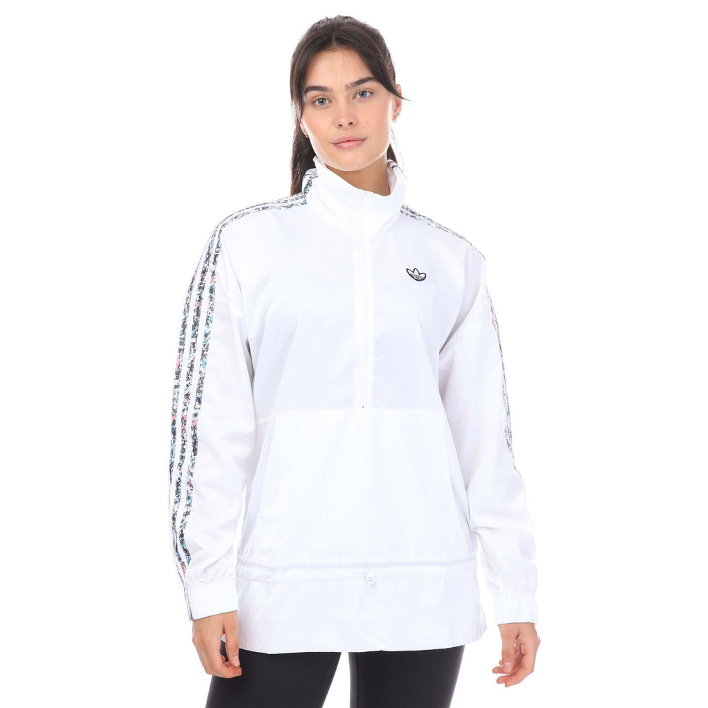 Half-zip windbreaker jacket, white with adidas trefoil logo and patterned sleeve trim