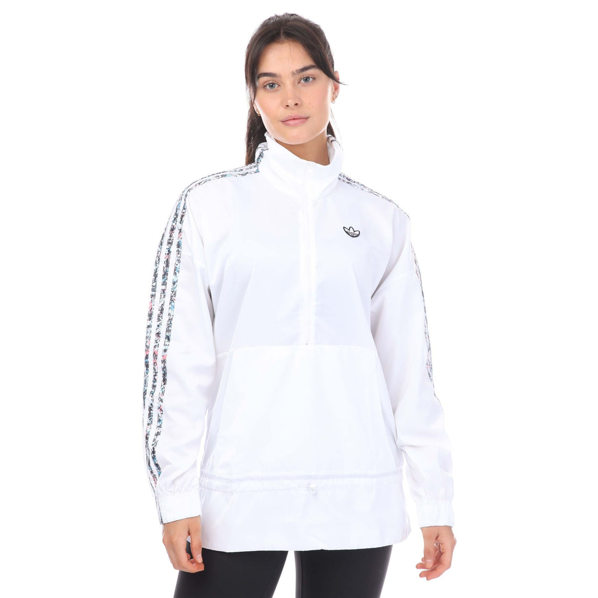 Half-zip windbreaker jacket, white with adidas trefoil logo and patterned sleeve trim